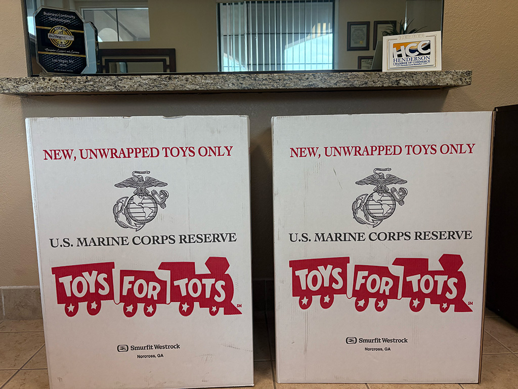 Toys for Tots donations collected at the Business Continuity Technologies office in Las Vegas.