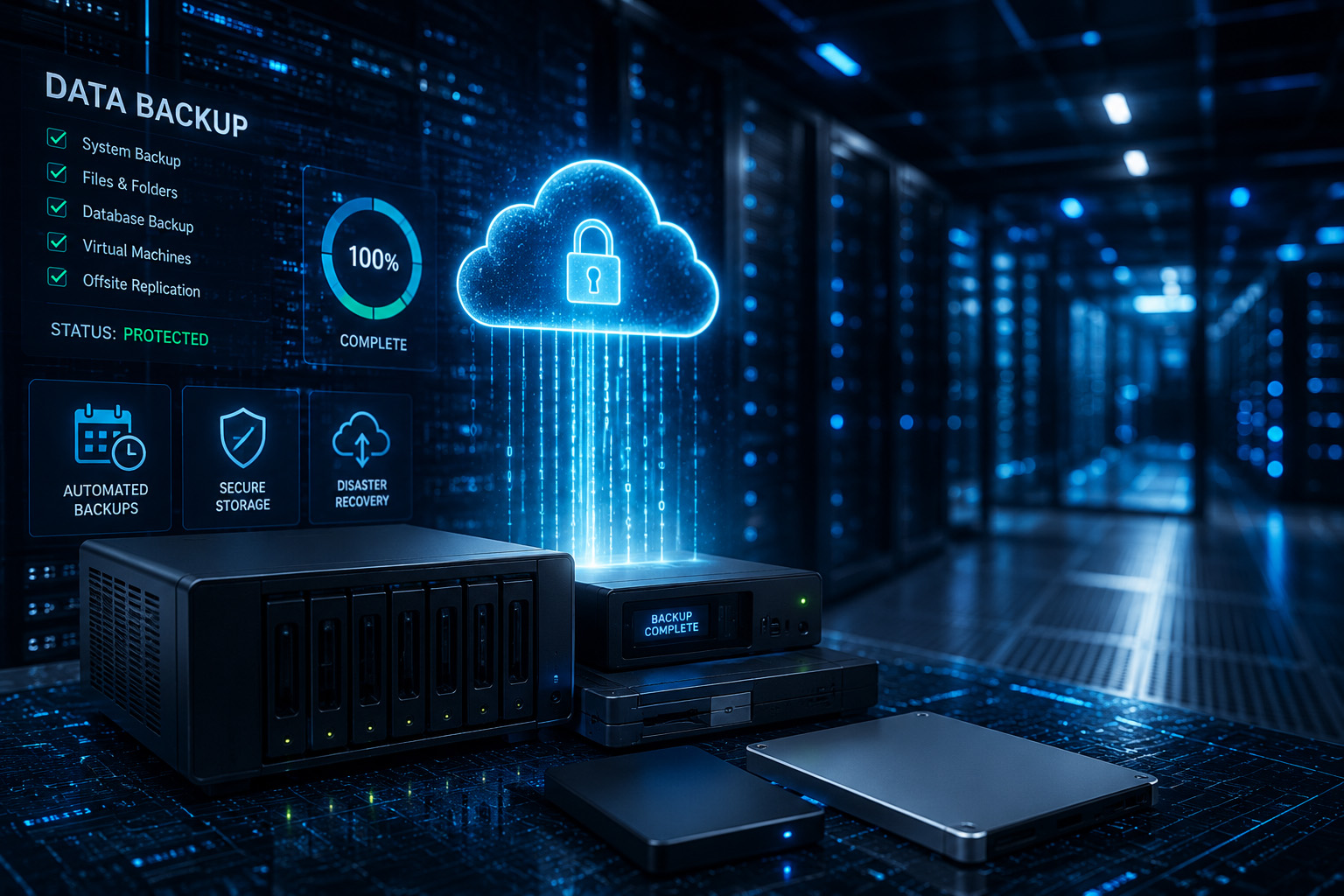 Secure business backup and disaster recovery infrastructure featuring encrypted cloud backups, network attached storage, and automated backup monitoring in a modern data center, representing reliable business continuity and rapid data recovery