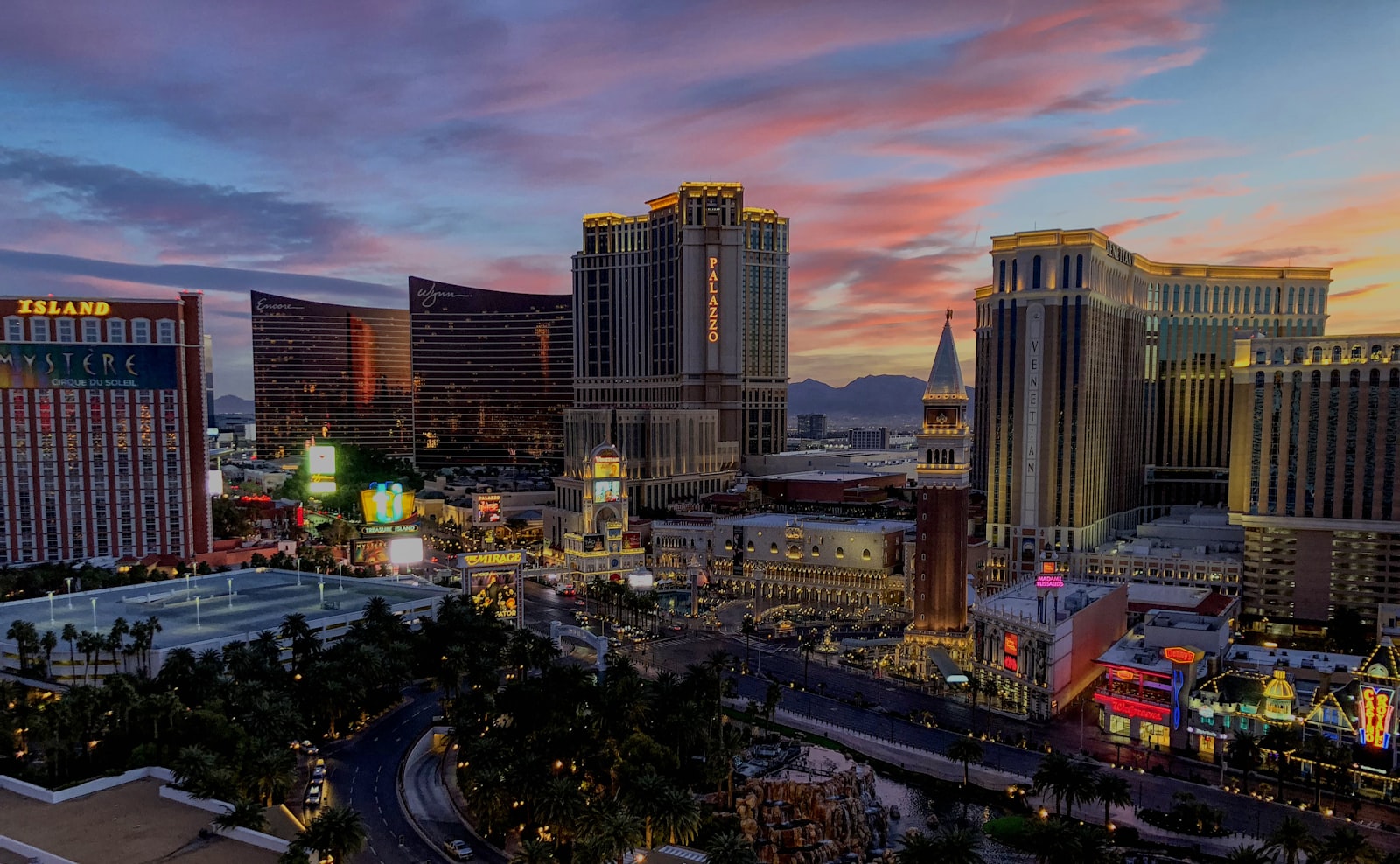 Las Vegas Strip skyline at dusk.