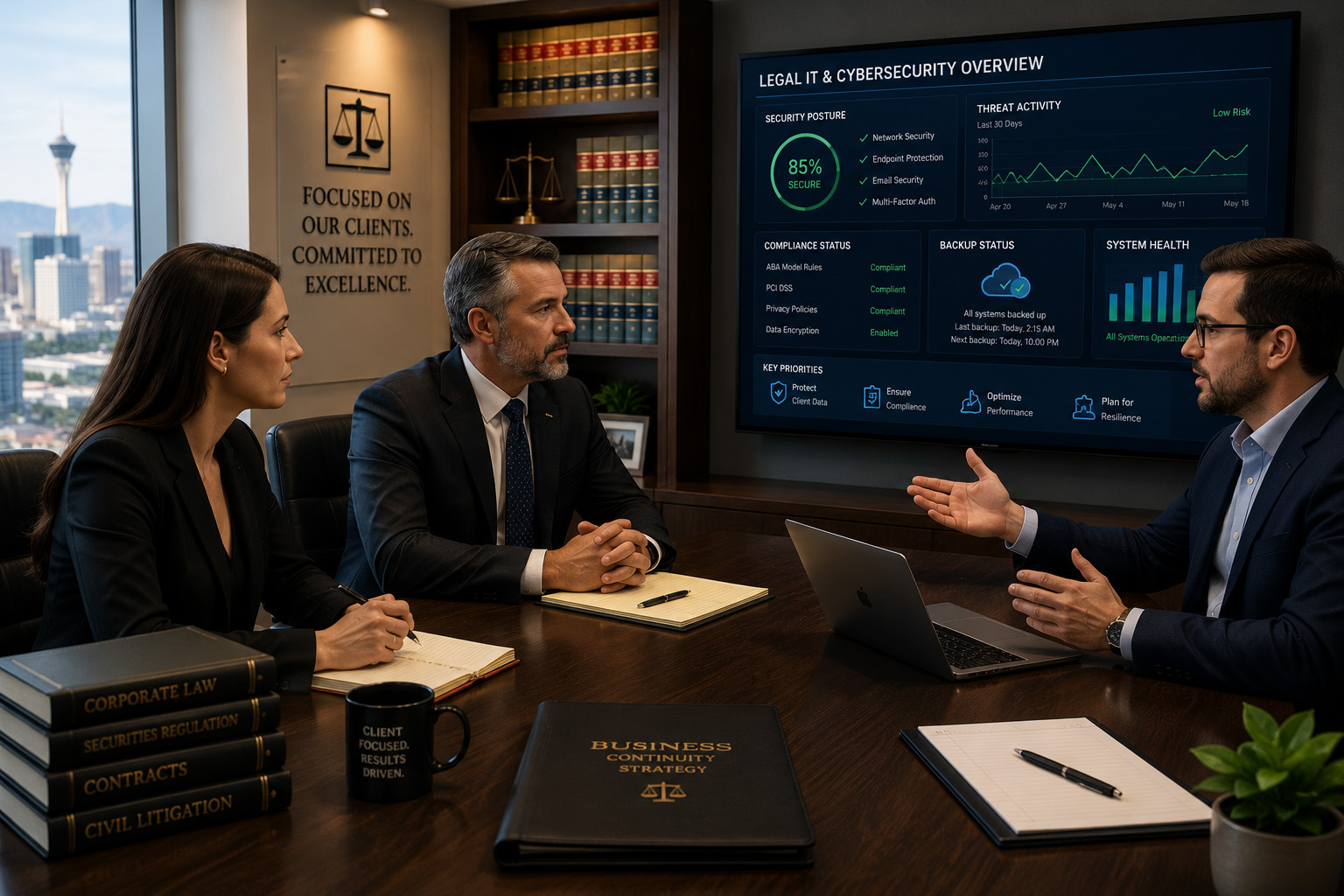 Law firm partners meeting with an IT and cybersecurity advisor to discuss technology strategy, data protection, compliance requirements, and managed IT services.