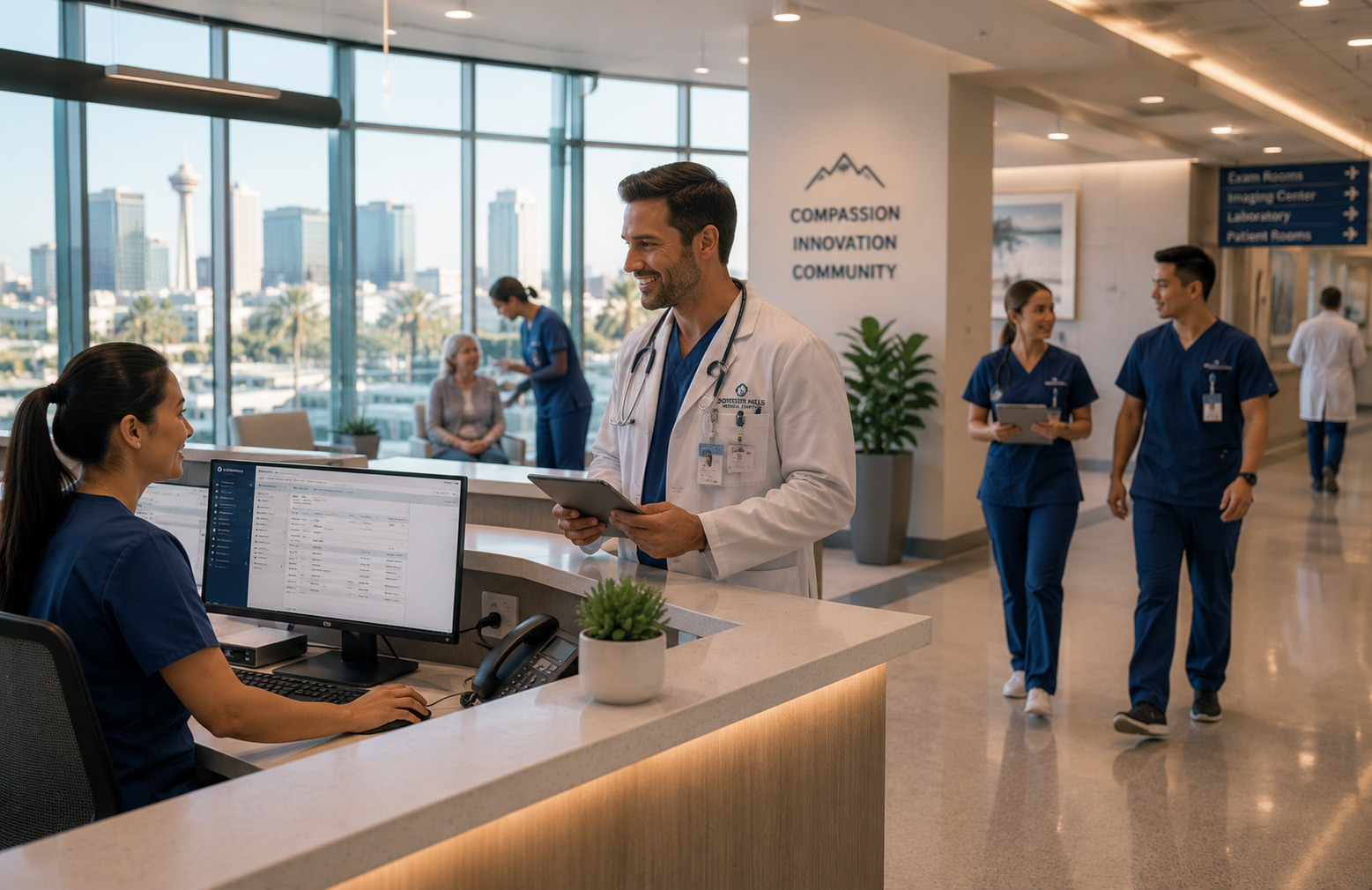 Modern healthcare professionals working in a Las Vegas medical facility while using technology to support patient care, operations, and healthcare services.