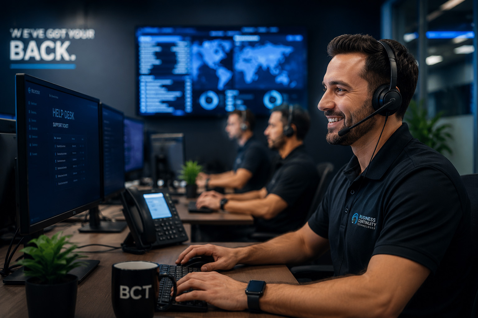 Professional IT help desk support team assisting clients in a modern operations center, providing fast remote technical support, troubleshooting, and responsive customer service