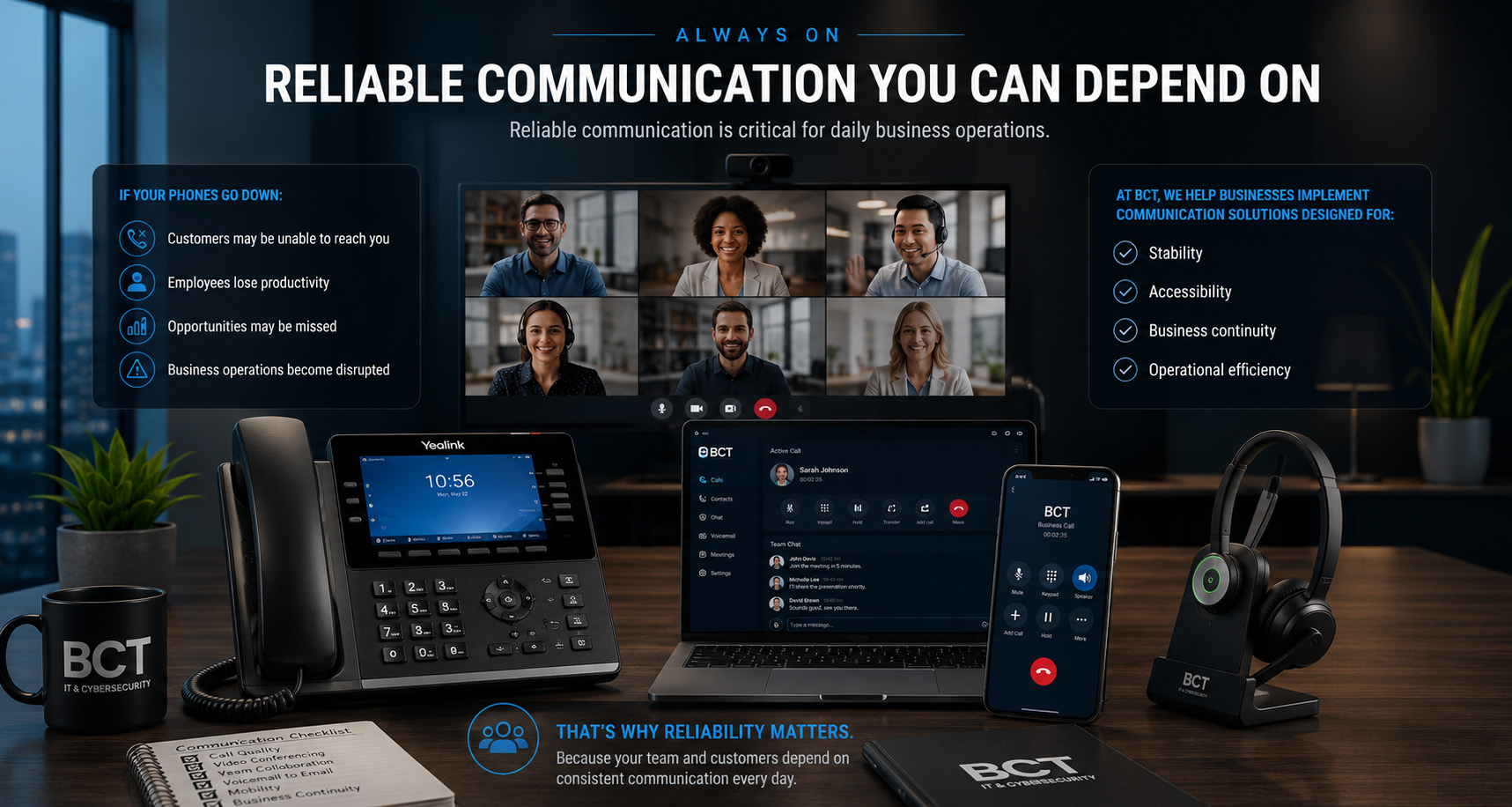 Modern cloud-based business communications workspace featuring an enterprise desk phone, video conferencing display with remote participants, unified communications dashboard, business calling application, mobile integration, and wireless headset, representing reliable business phone systems and seamless team collaboration.