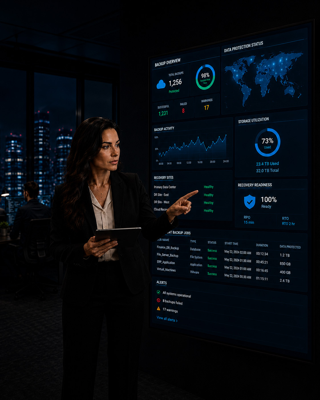 IT professional reviewing backup and disaster recovery dashboards on a large display, monitoring backup health, recovery readiness, and business continuity systems for proactive data protection