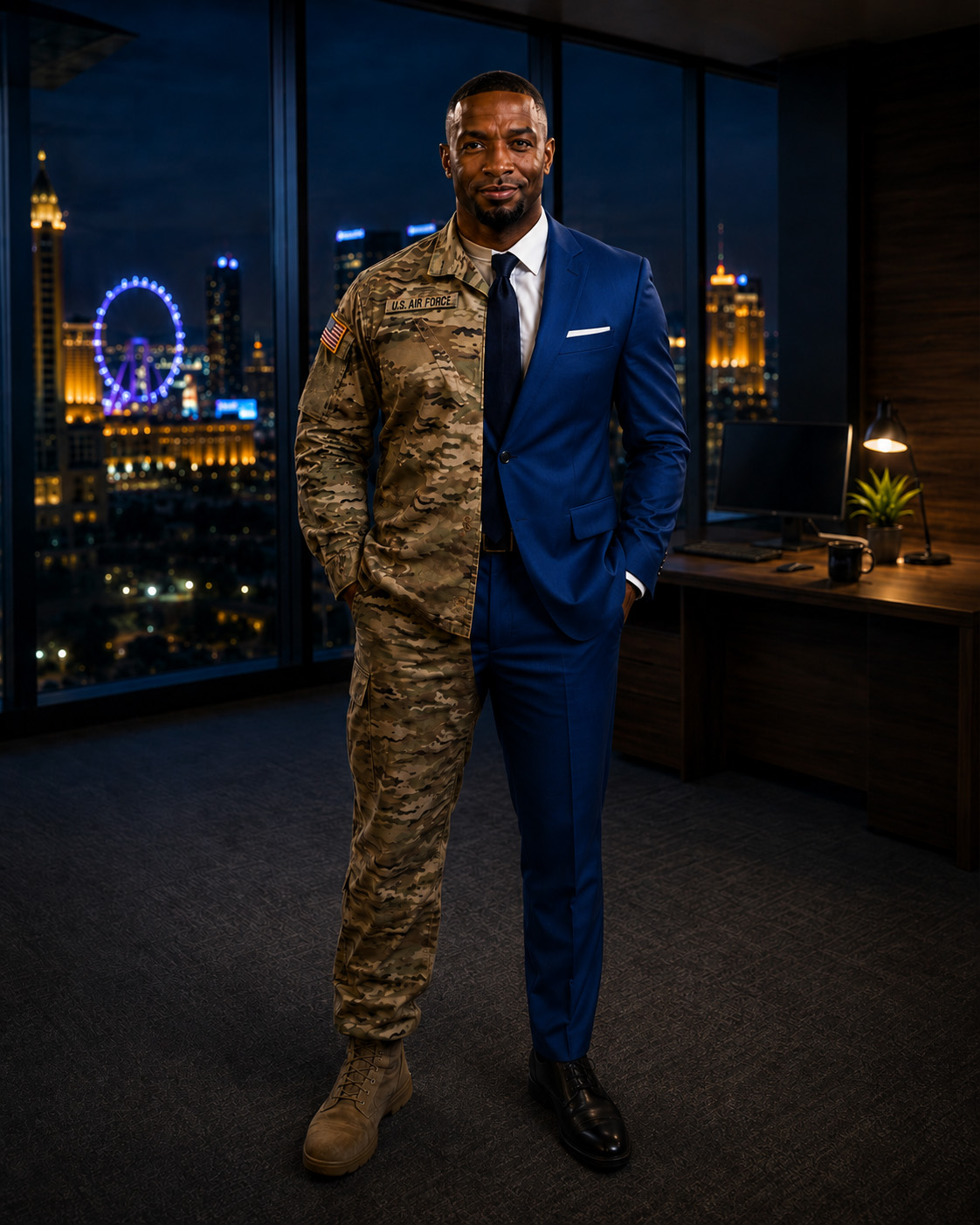 Service member transitioning from military service to a civilian IT career, shown wearing a half military uniform and half business suit in a modern Las Vegas office, representing the DoD SkillBridge program and hands on technology training with Business Continuity Technologies.