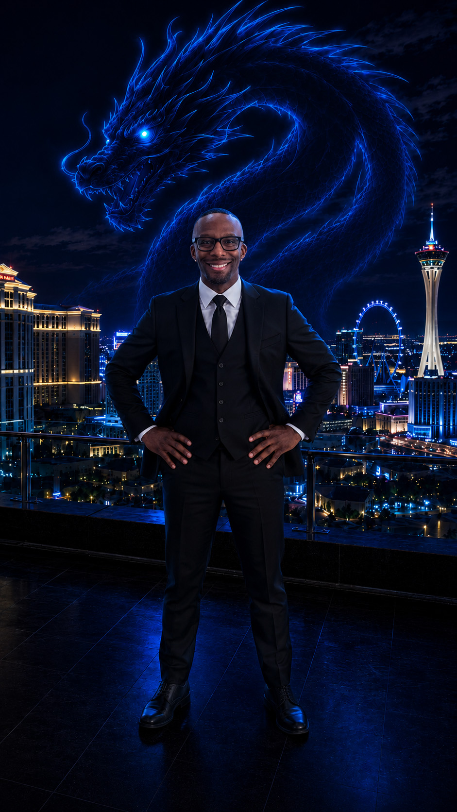 Melvin Chatman Jr. standing confidently in a black three-piece suit overlooking the Las Vegas Strip at night, with BCT's glowing blue dragon soaring above the skyline, symbolizing strength, cybersecurity, and business protection.