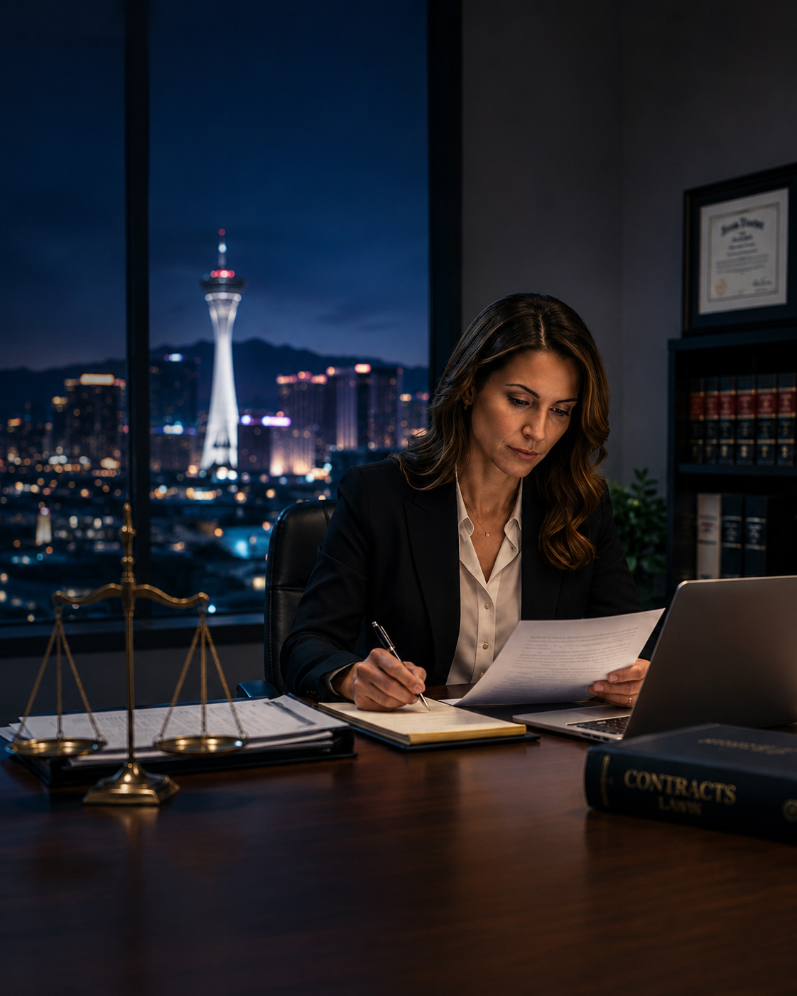 Attorney reviewing legal documents in a modern law office overlooking the Las Vegas skyline, representing secure managed IT services and cybersecurity solutions for law firms that require reliability, confidentiality, and business continuity.