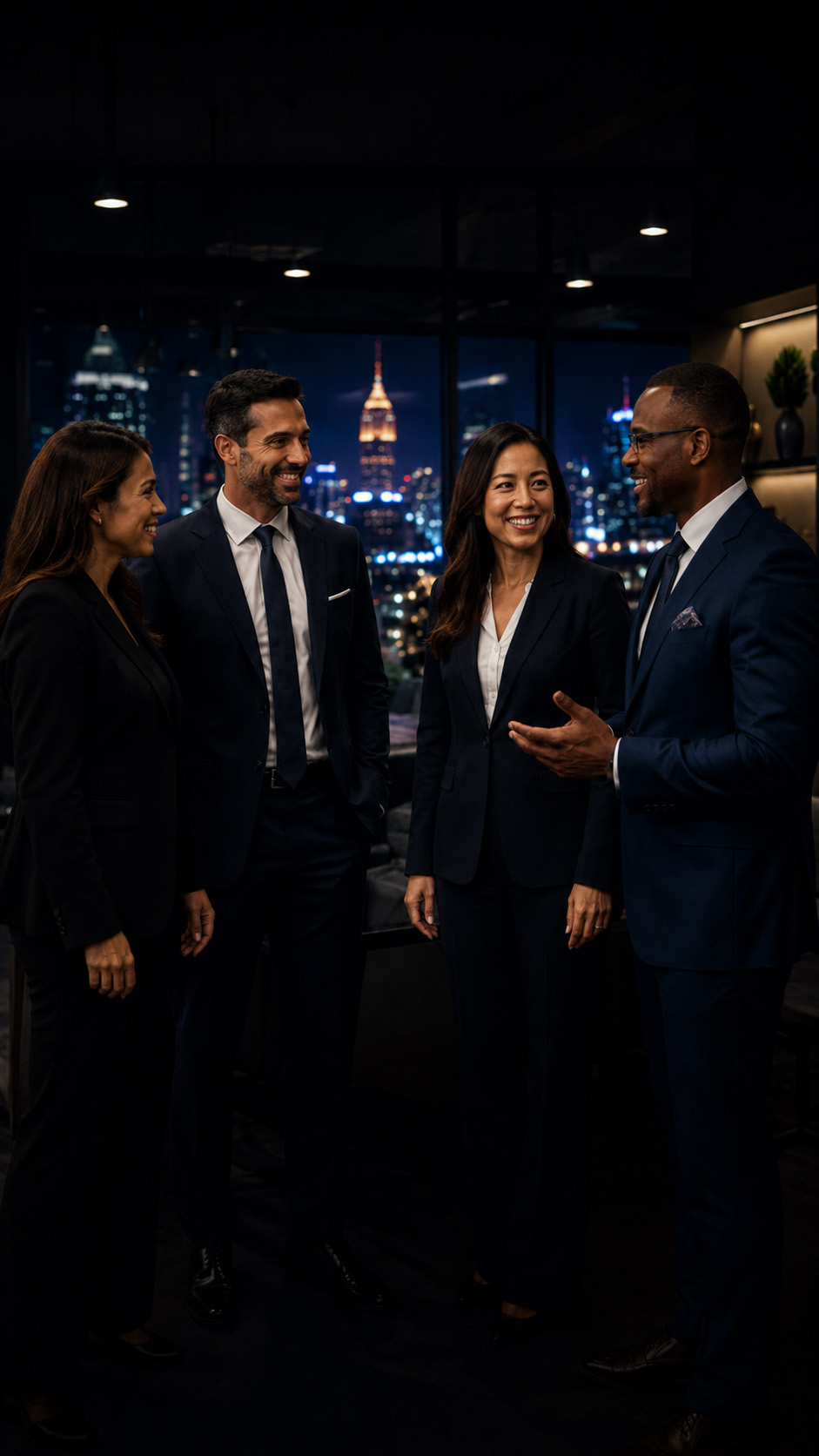 Happy business professionals standing together in a modern office overlooking a city skyline, representing trusted client relationships and positive experiences with Business Continuity Technologies' managed IT services and cybersecurity solutions.