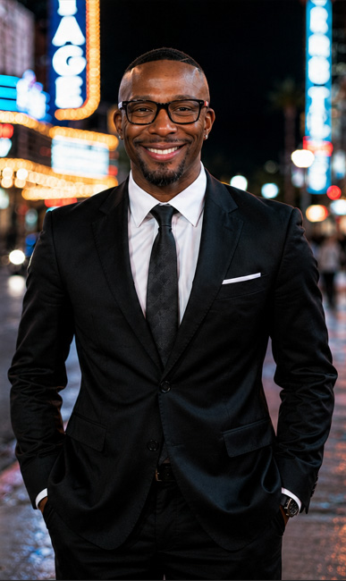 Professional portrait of the CEO of Business Continuity Technologies wearing a black suit and tie, smiling in front of the illuminated Fremont Street Experience in downtown Las Vegas, representing trusted IT and cybersecurity leadership