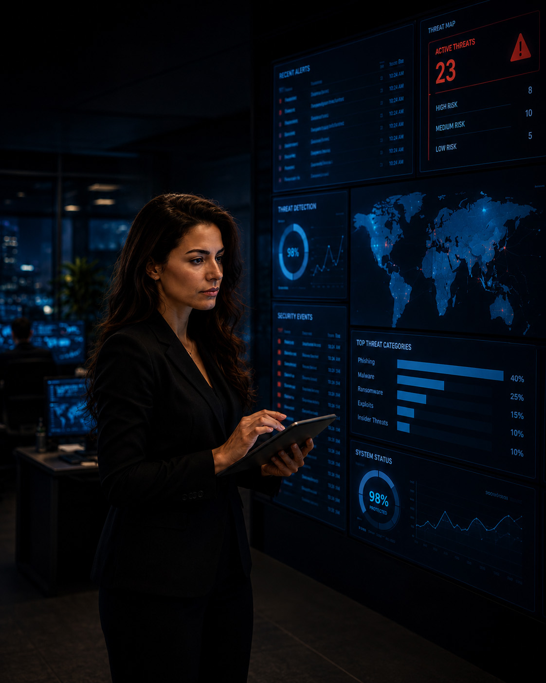 Cybersecurity professional monitoring live security dashboards and global threat intelligence in a modern security operations center, representing proactive business cybersecurity protection.