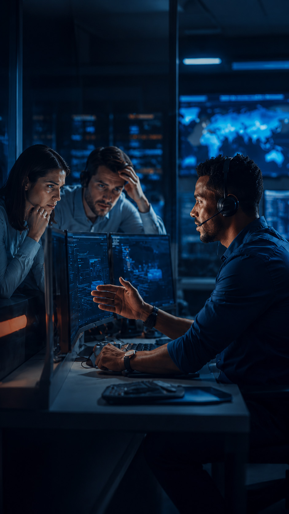 IT support specialist assisting concerned business professionals in a cybersecurity operations center, using real-time monitoring systems to troubleshoot urgent technology issues and restore business operations.