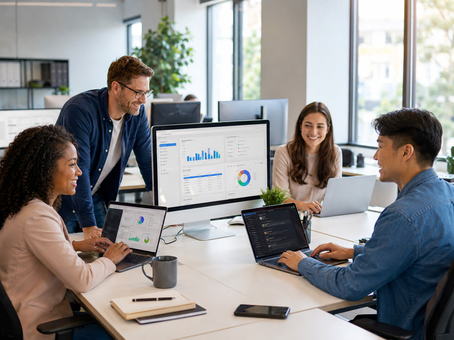 Happy employees collaborating in a modern office using laptops, desktop computers and business dashboards to improve productivity, communication and teamwork.