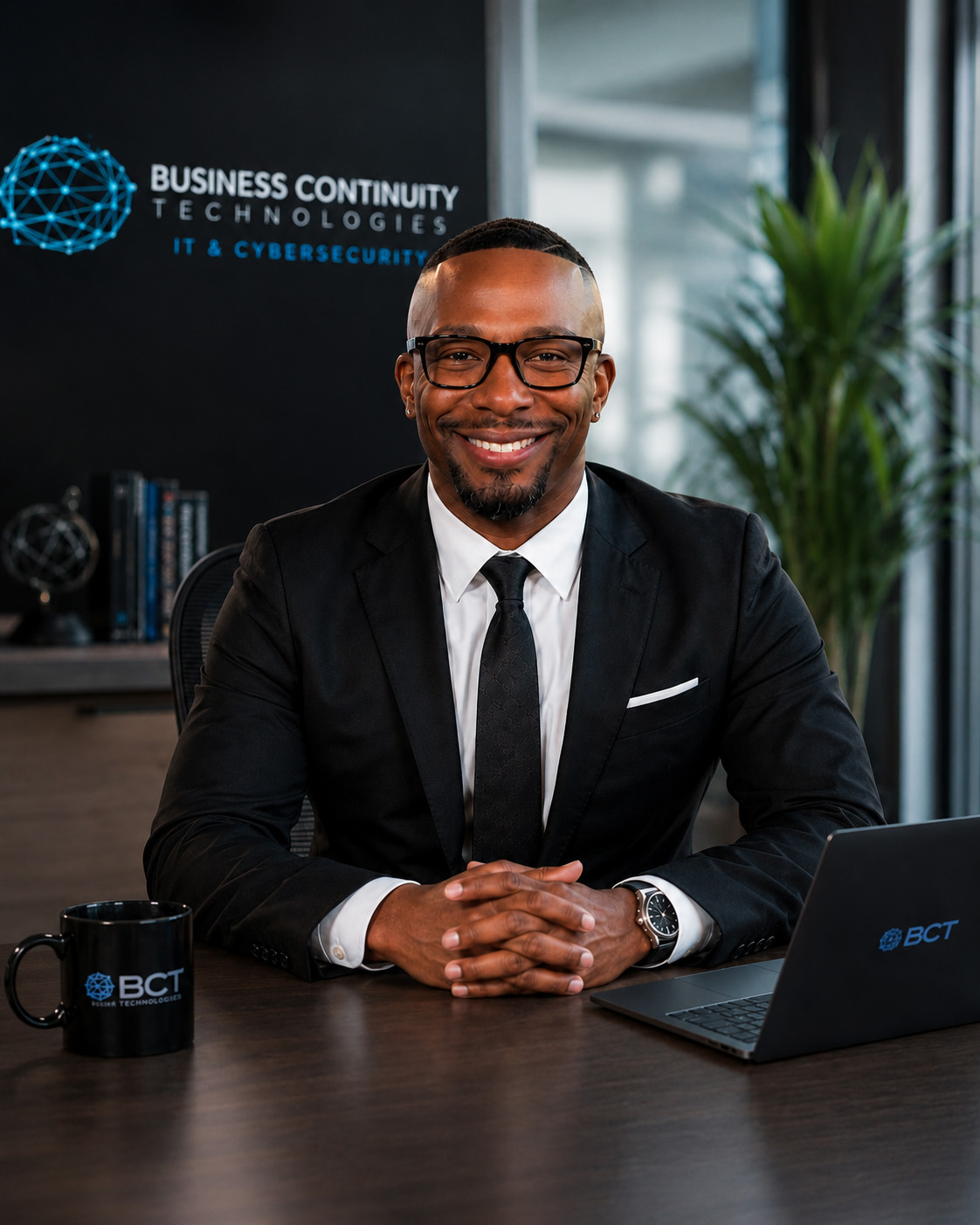 Melvin Chatman Jr., CEO of Business Continuity Technologies, smiling at his desk in a black suit with the BCT IT & Cybersecurity logo on the wall behind him.