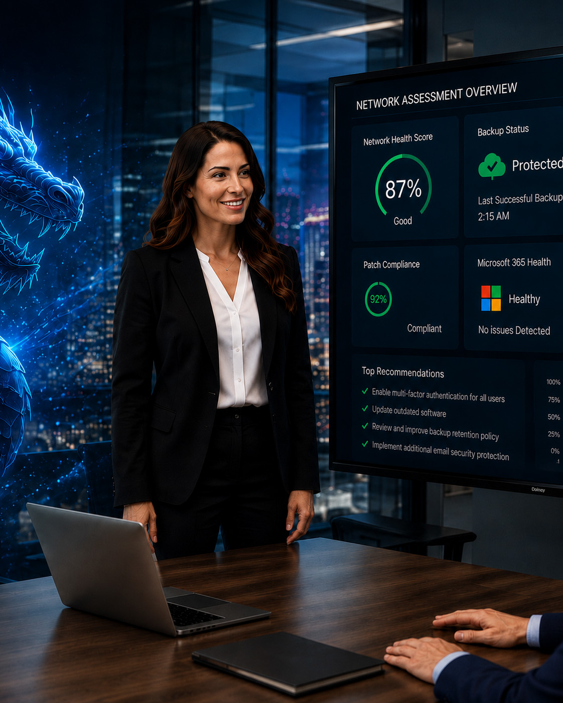 Business technology consultant presenting a network assessment to a business owner in a modern office, reviewing cybersecurity, backup status, system health, and technology performance metrics