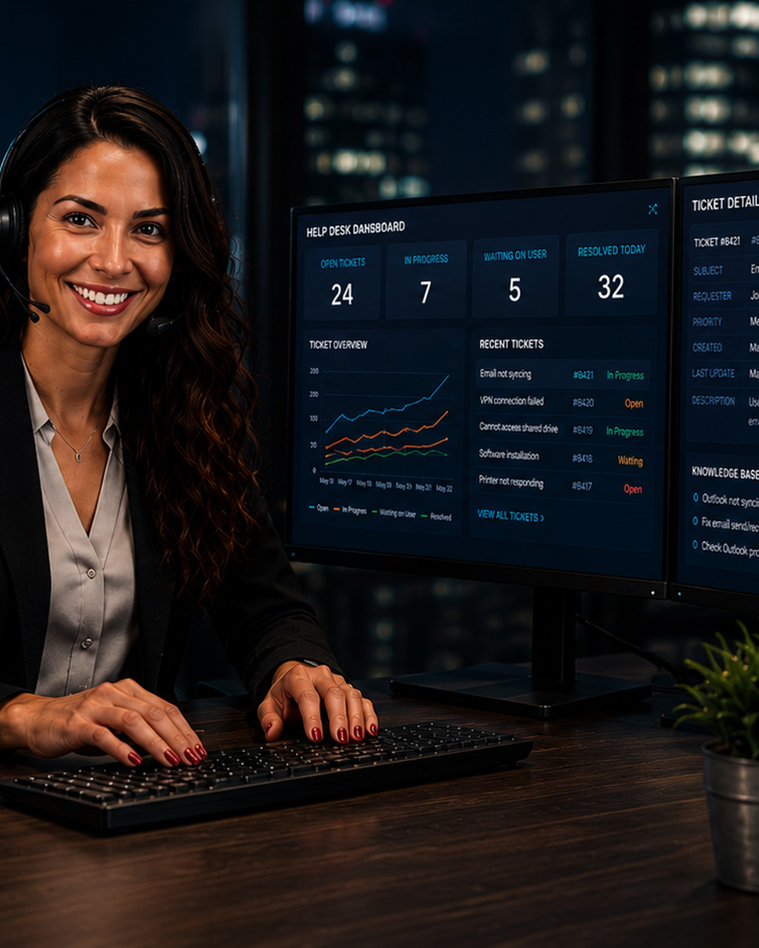 Friendly IT help desk specialist providing live technical support from a modern office at night, with help desk dashboards displayed on dual monitors, representing responsive business IT support, customer service, and proactive technical assistance.