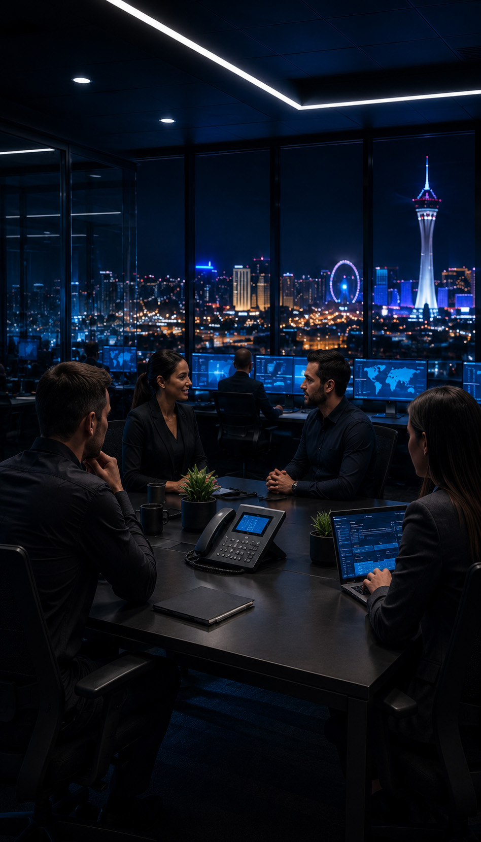 Professional IT team collaborating in a modern operations center with laptops, business phone system, multiple monitoring displays, and a Las Vegas skyline visible through floor-to-ceiling windows, representing proactive Managed IT Services and teamwork.