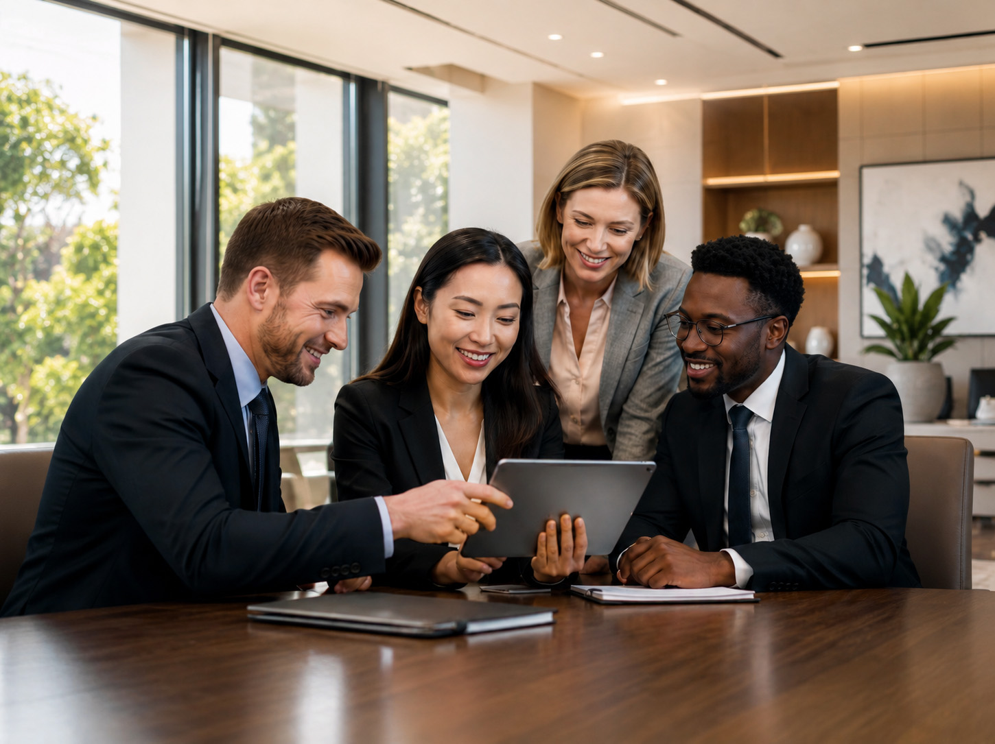 A diverse team of business professionals collaborating around a conference table in a bright modern office, reviewing information on a tablet while smiling. Sunlight streams through large windows, creating a welcoming workspace that represents teamwork, productivity, and responsive managed IT support