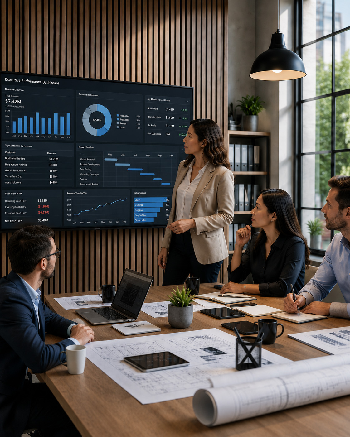 Professional services team collaborates in a modern office while reviewing project plans, business analytics, and technical documentation during a strategic planning meeting, with ample space for website content on the left.
