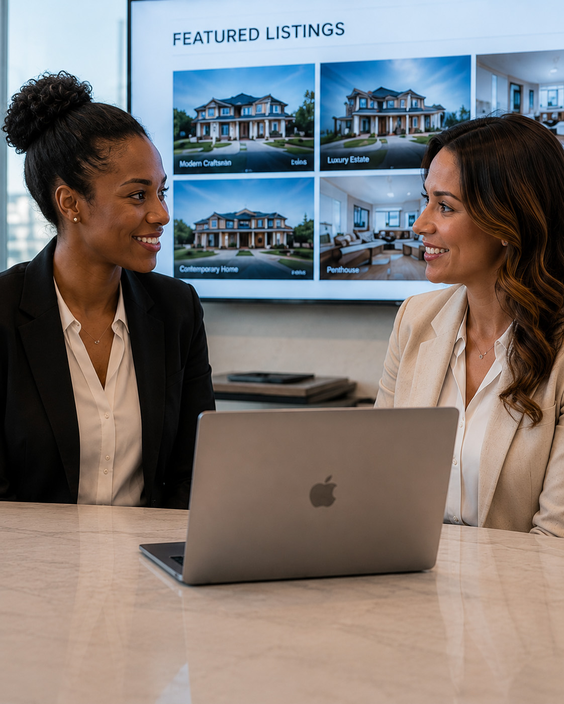 Two real estate professionals collaborating in a modern office using a laptop, with property listings displayed on a large screen in the background, demonstrating how technology improves communication, productivity, and client service.