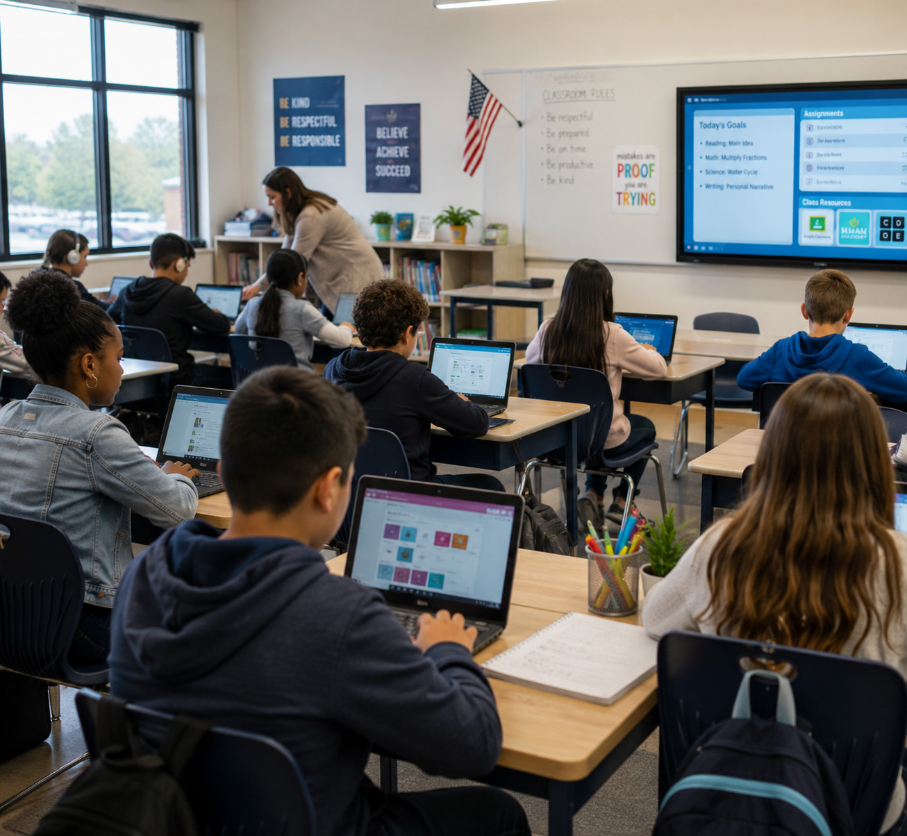 Students use laptops in a modern classroom while a teacher provides guidance, demonstrating a technology-enabled learning environment that supports digital education, collaboration, and secure classroom connectivity.